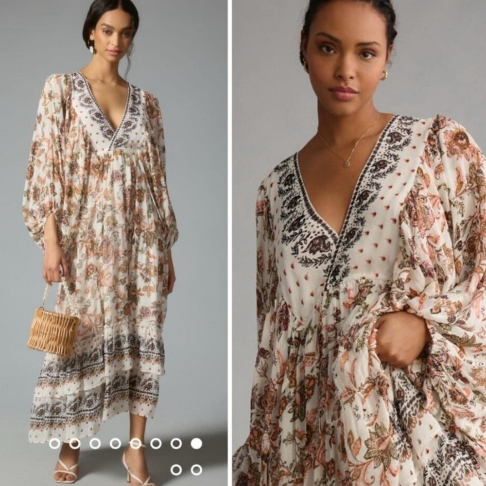Anthropologie V-Neck Long Sleeve Maxi Dress Balloon Sleeve Large Floral Boho